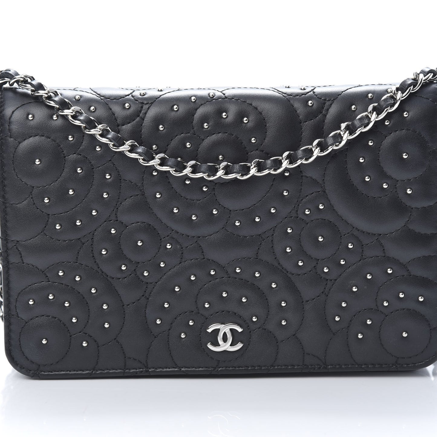 Lambskin Camellia Studded Wallet on Chain WOC Black