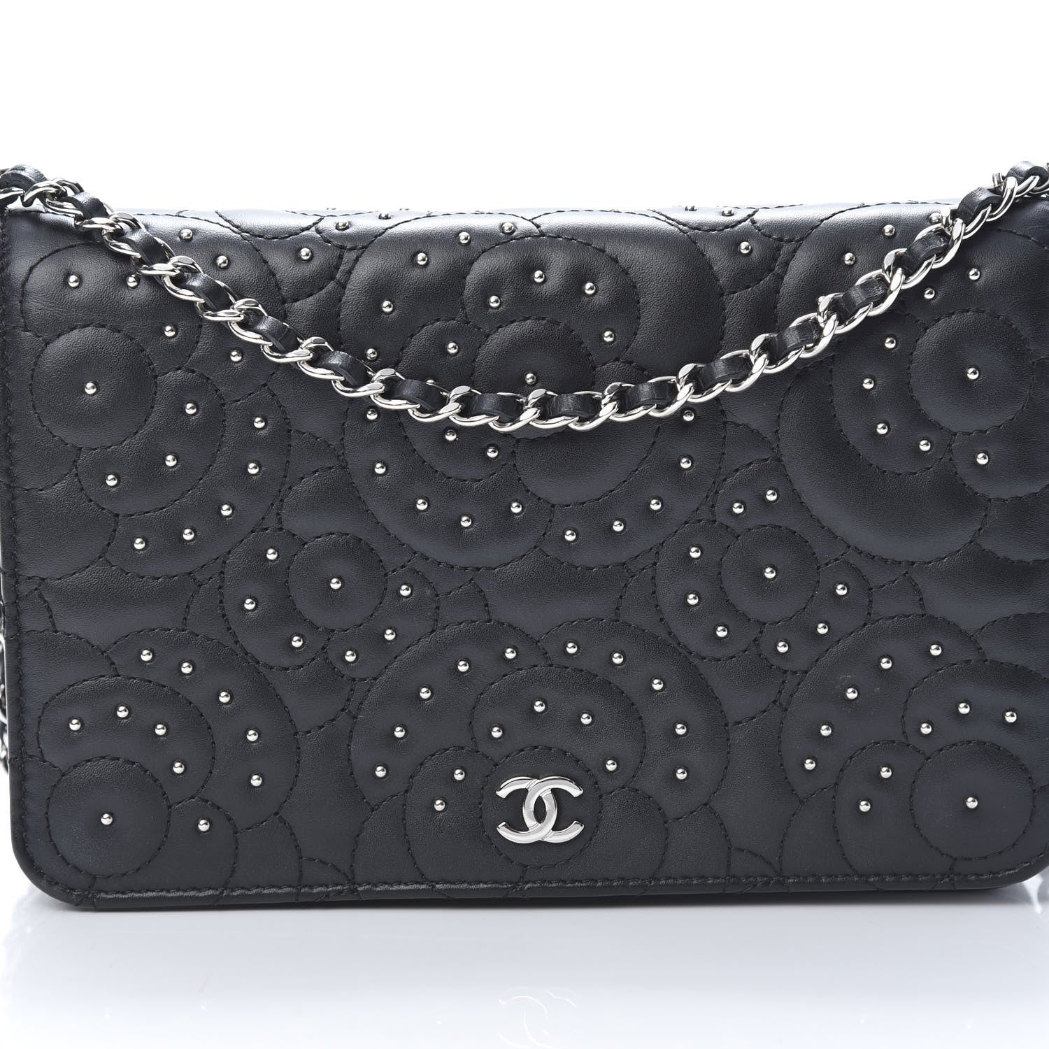 Chanel Lambskin Camellia Studded Wallet on Chain WOC Black 10 of 15