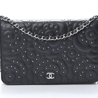 Chanel Lambskin Camellia Studded Wallet on Chain WOC Black 10 of 15