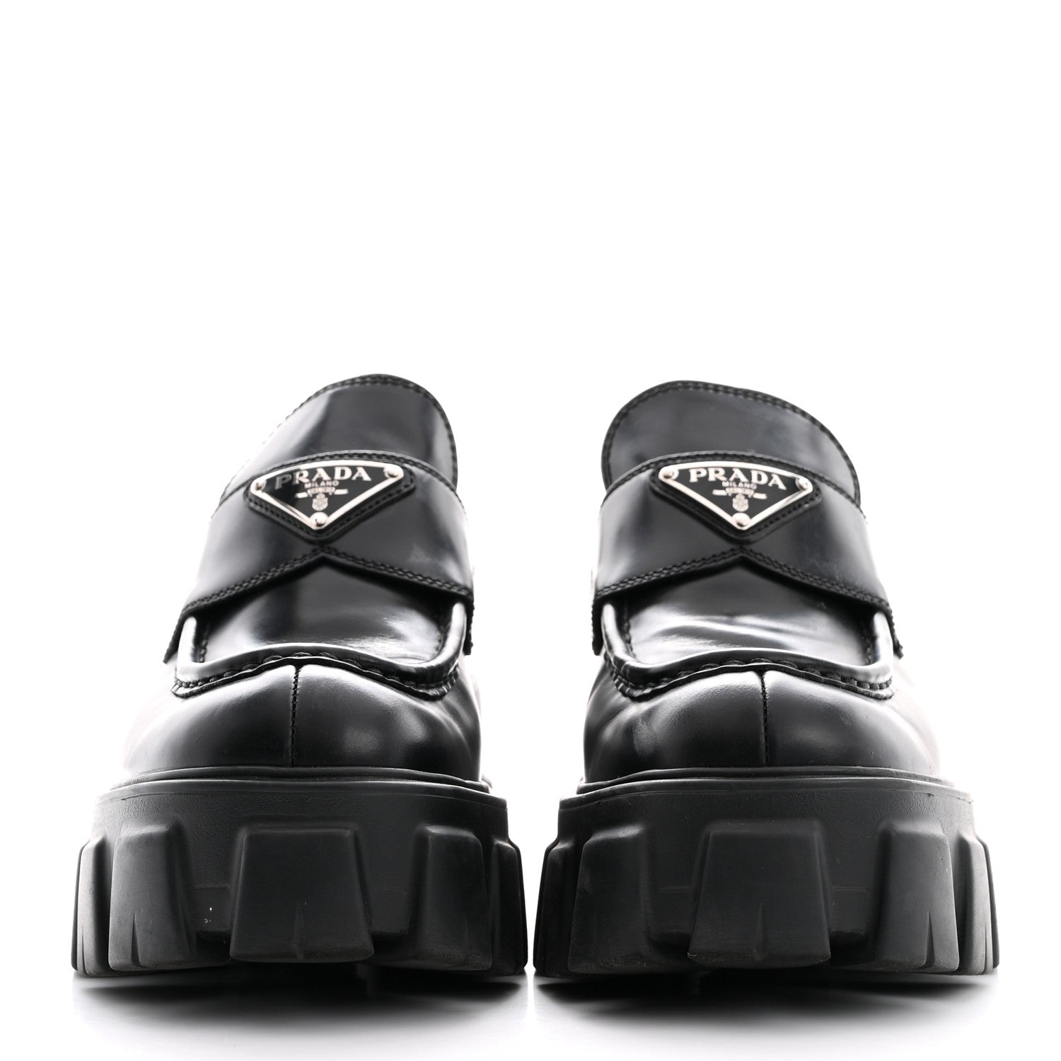 Prada Spazzolato Rois Metal Triangle Logo Monolith 55mm Loafers 36 Black 3 of 12