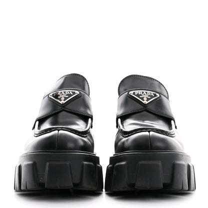 Prada Spazzolato Rois Metal Triangle Logo Monolith 55mm Loafers 36 Black 3 of 12