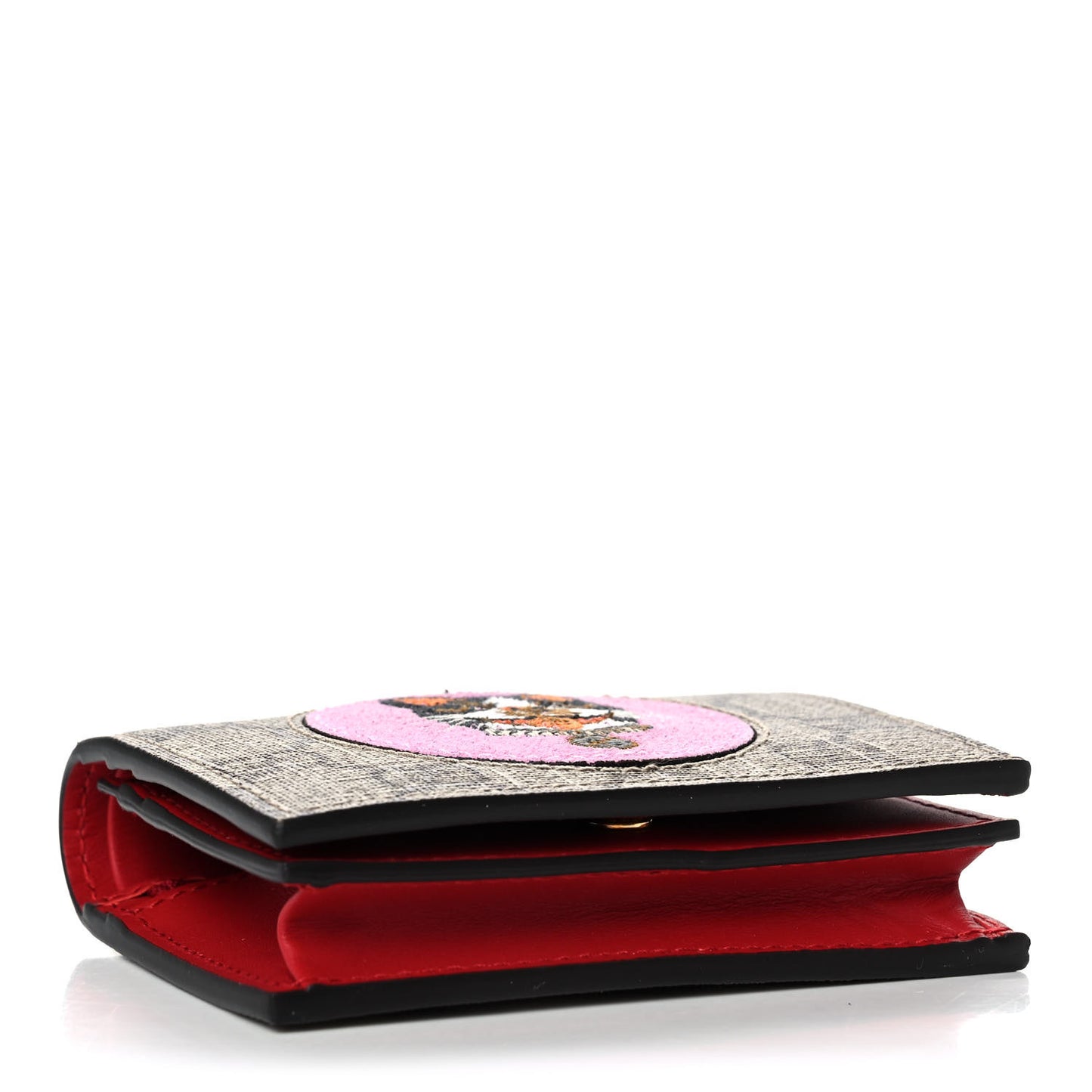 GG Supreme Monogram Bosco Patch Card Case Wallet Beige Malva Hibiscus Red