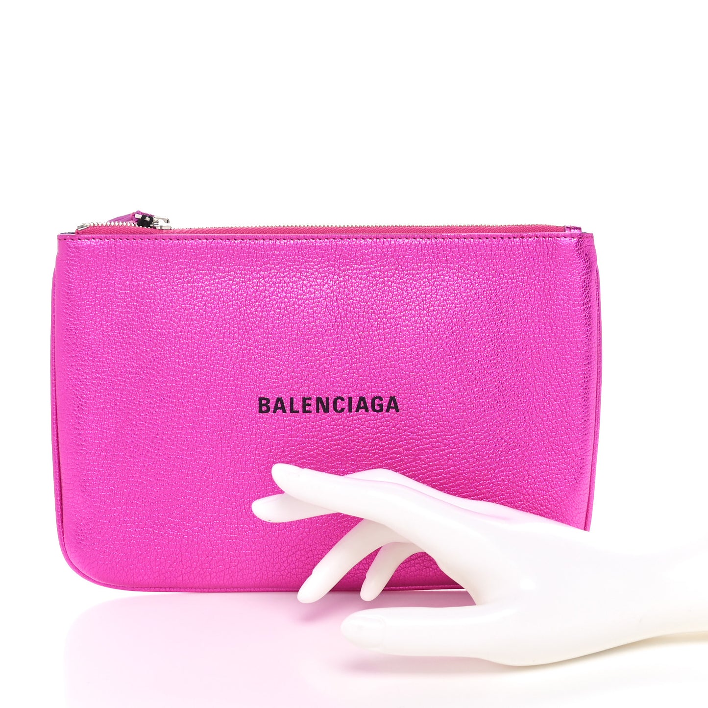 Metallic Goatskin Logo Large Everyday Zip Pouch Rose Fuchsia Black