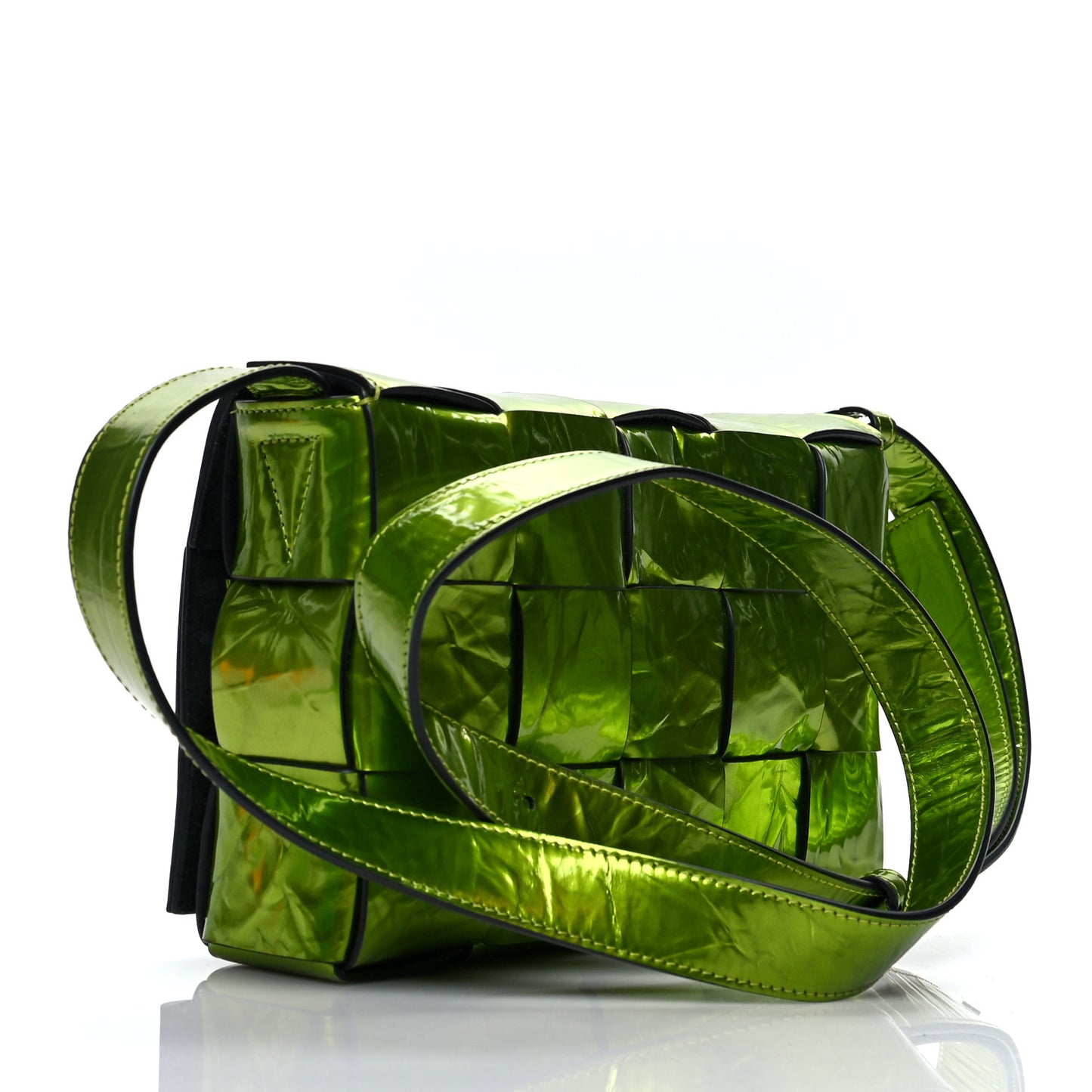 Metallic Crushed Calfskin Maxi Intrecciato Cassette Crossbody Bag Chlorophyll