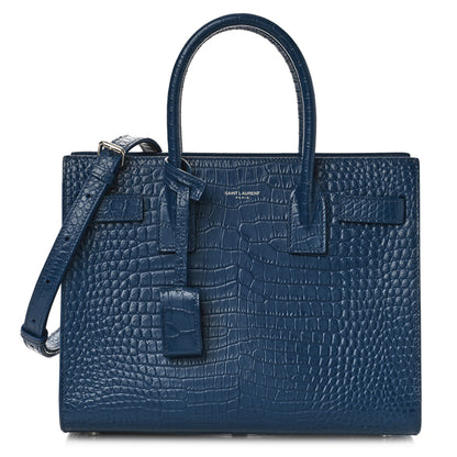Saint Laurent Calfskin Crocodile Embossed Small Sac de Jour Blue 4 of 14