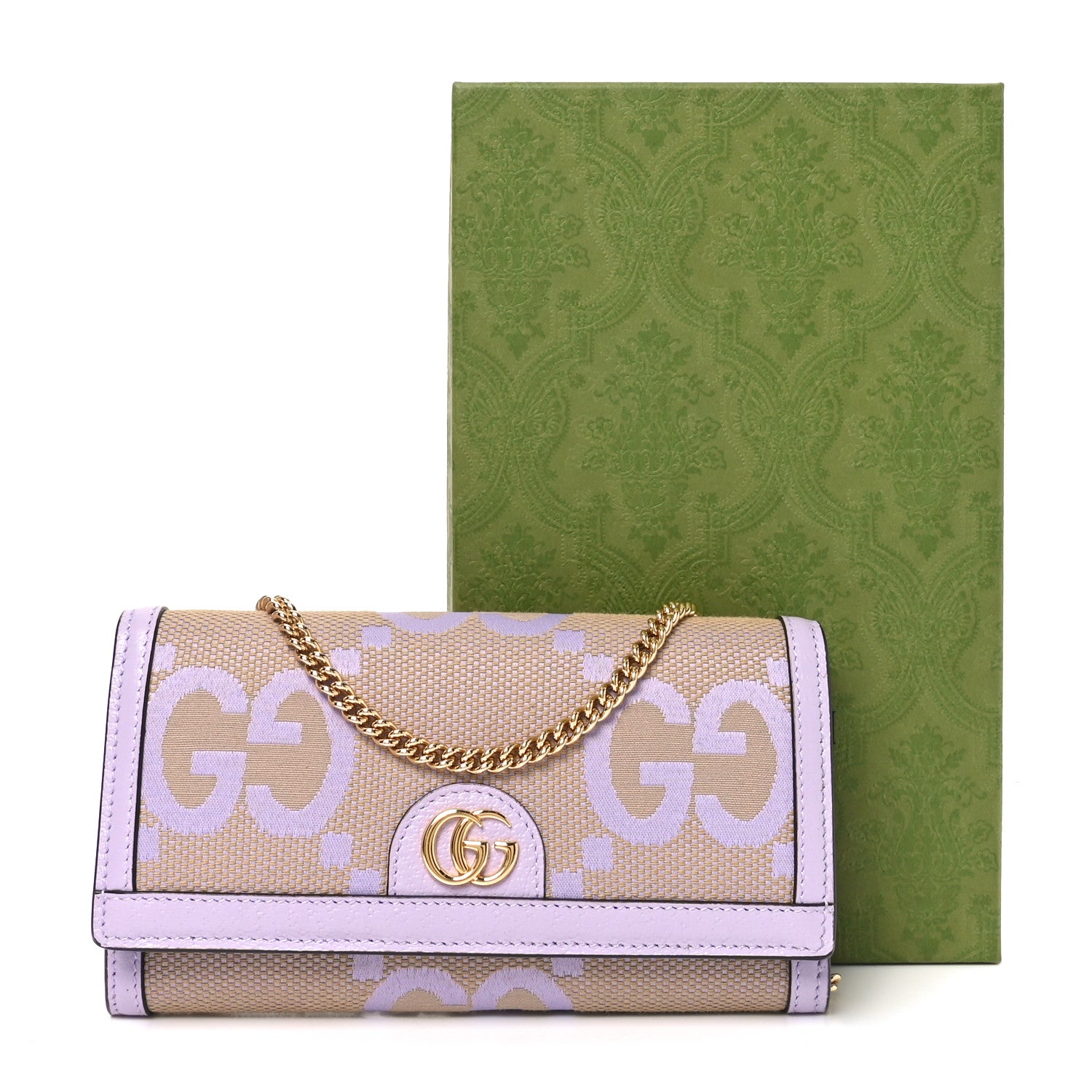 Gucci Monogram Jumbo GG Textured Dollar Calfskin Ophidia Continental Wallet On Chain Beige Lapis 11 of 11
