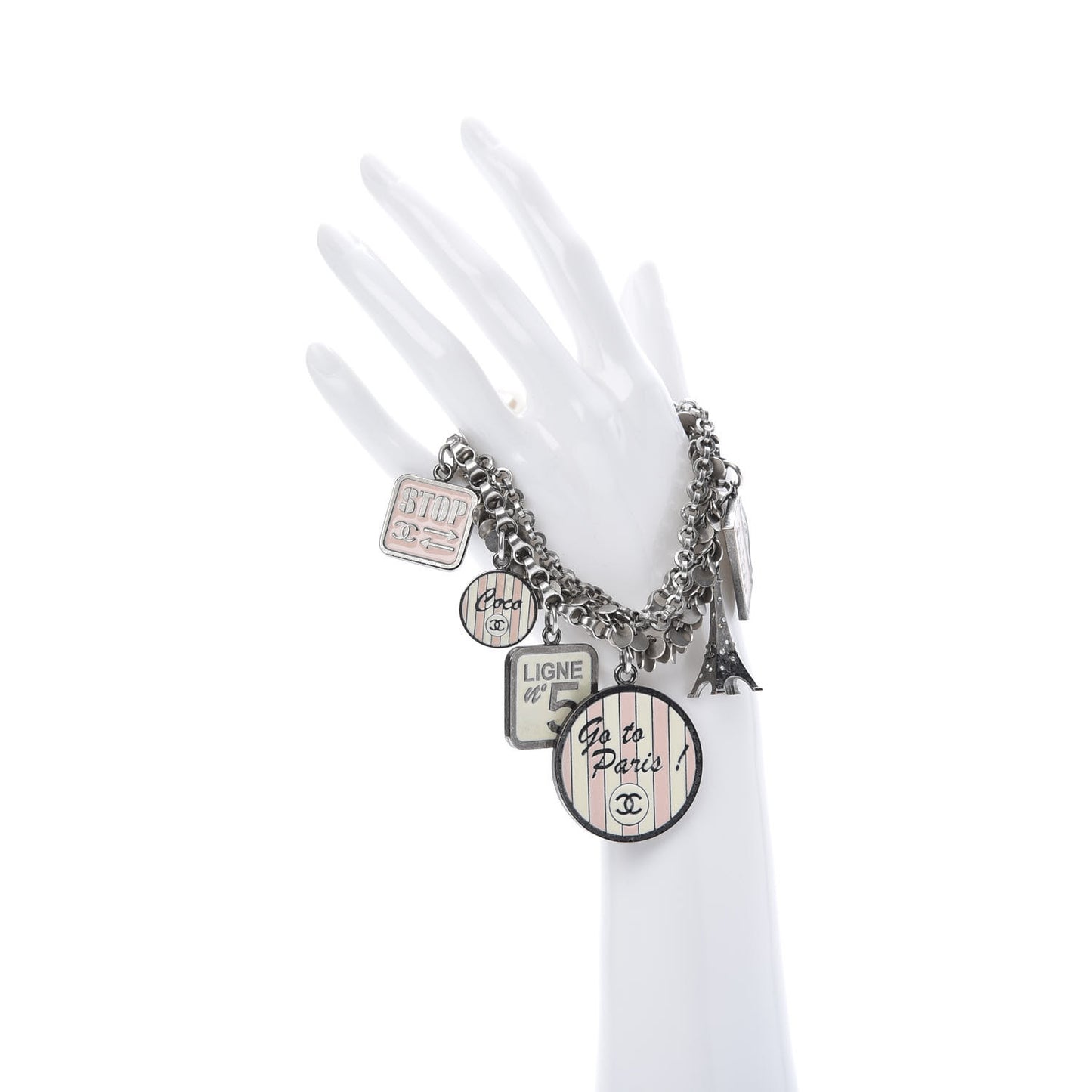 Enamel Crystal Pearl Paris Souvenirs Charm Bracelet Silver Rose White