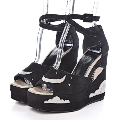 Hermes Suede Goatskin Tournis Wedge Sandals 36 Black 3 of 9