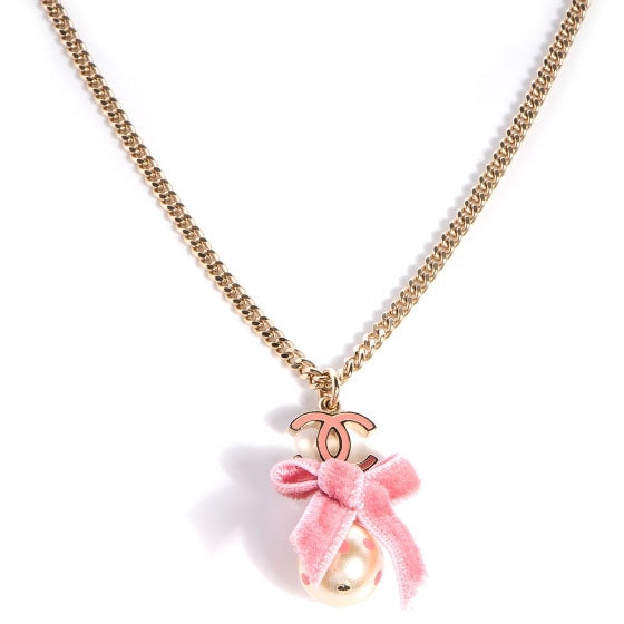 CC Pearl Ribbon Bow Necklace Pink