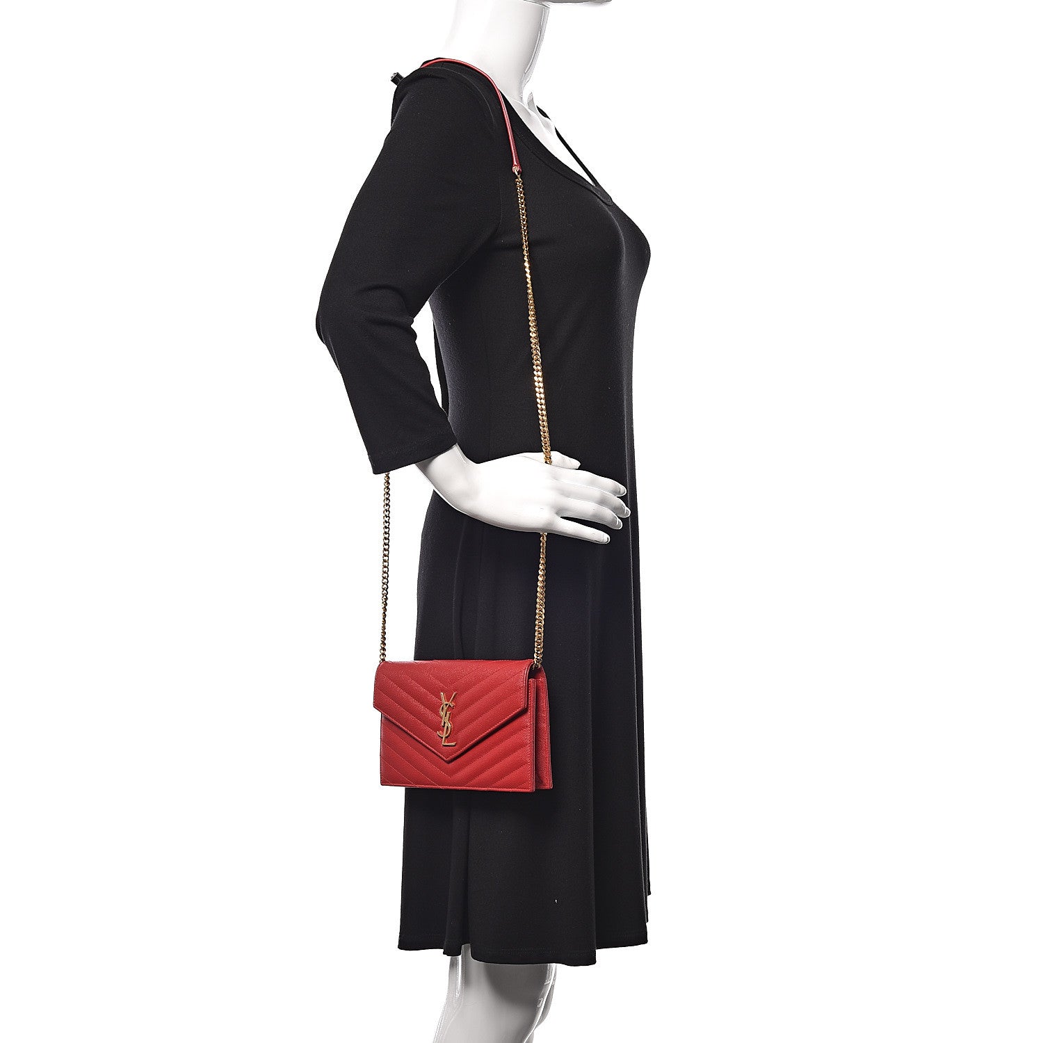 Saint Laurent Grain De Poudre Matelasse Chevron Monogram Envelope Chain Wallet New Red 2 of 12