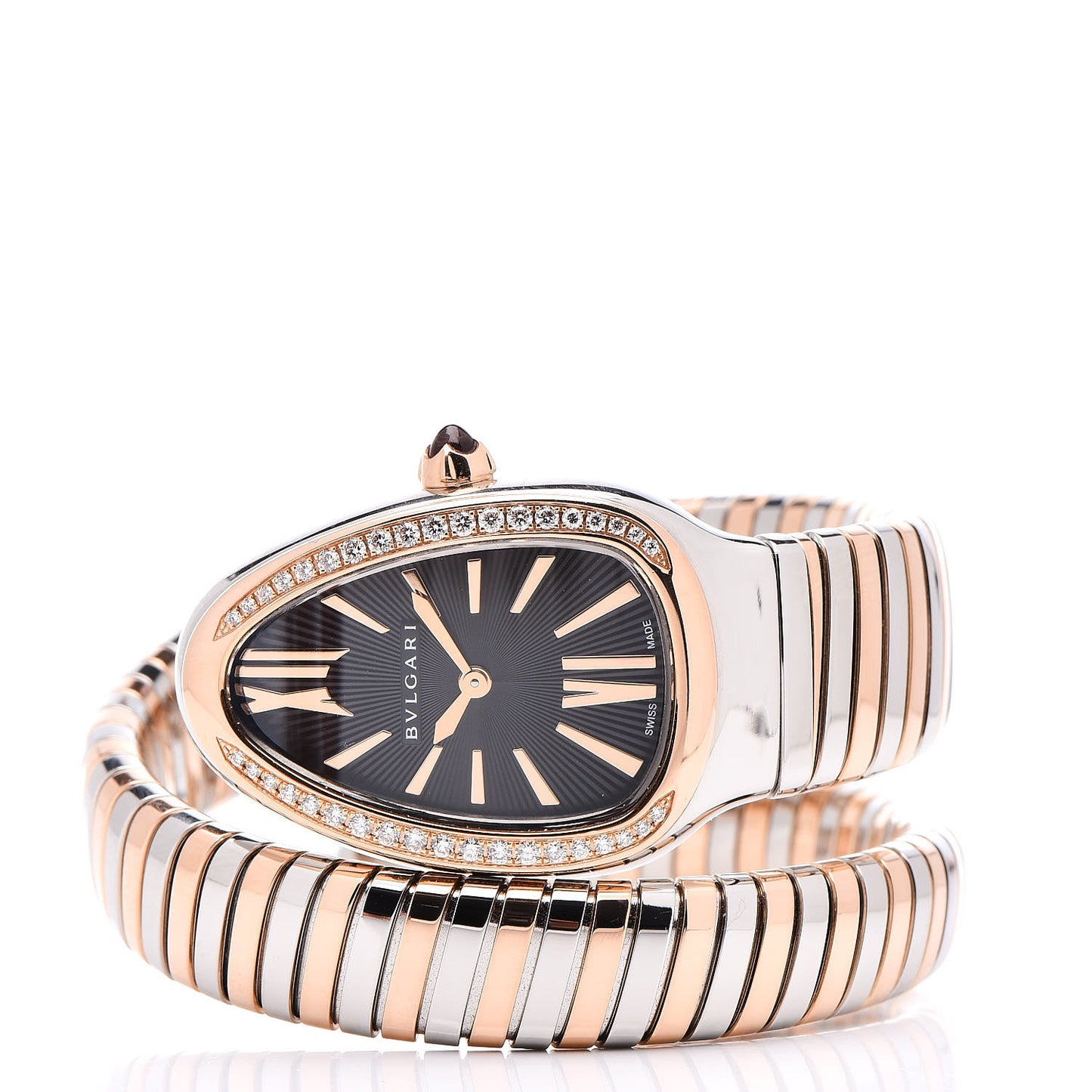 Stainless Steel 18K Rose Gold Diamond Bezel 35mm Serpenti Tubogas Quartz Watch Black