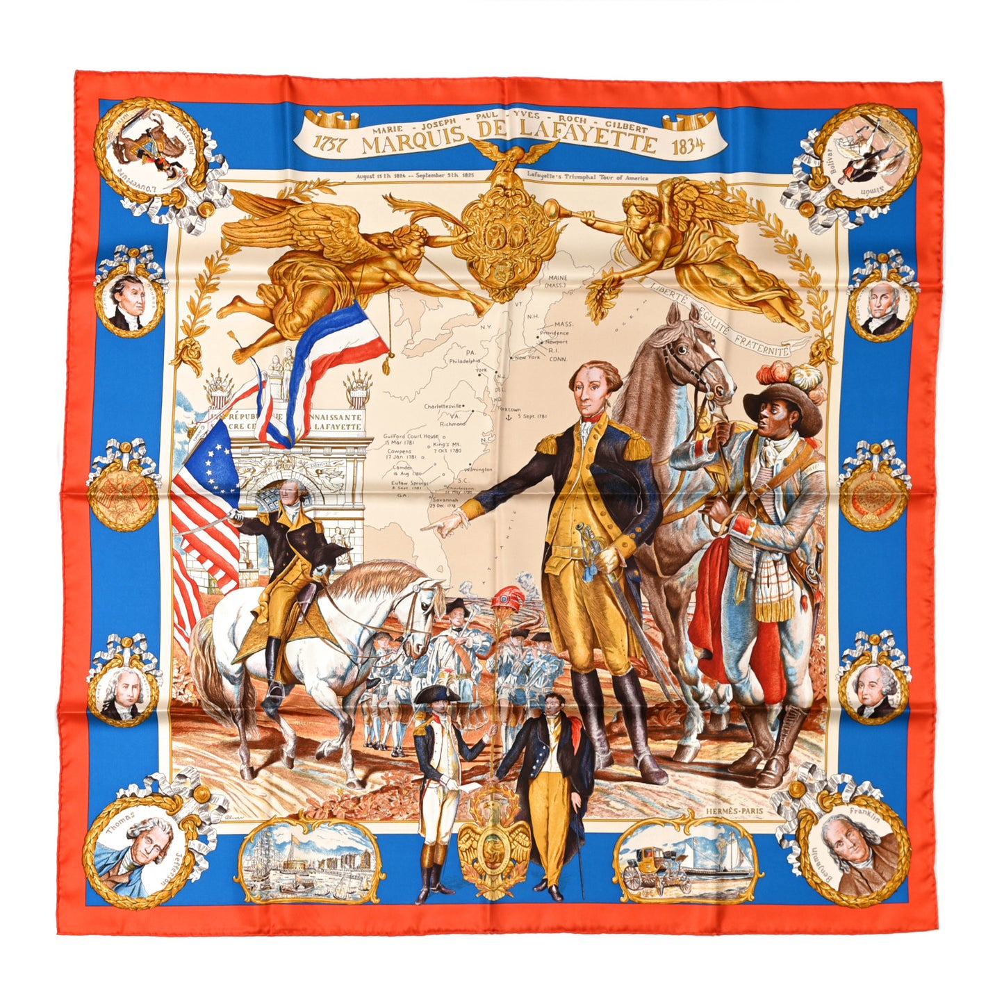Silk Marquis De Lafayette Scarf 90 Mandarine Bleu Gitane Vieil Or
