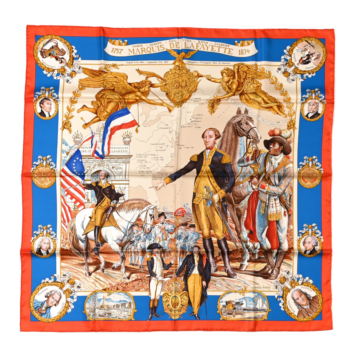 Hermes Silk Marquis De Lafayette Scarf 90 Mandarine Bleu Gitane Vieil Or 1 of 5