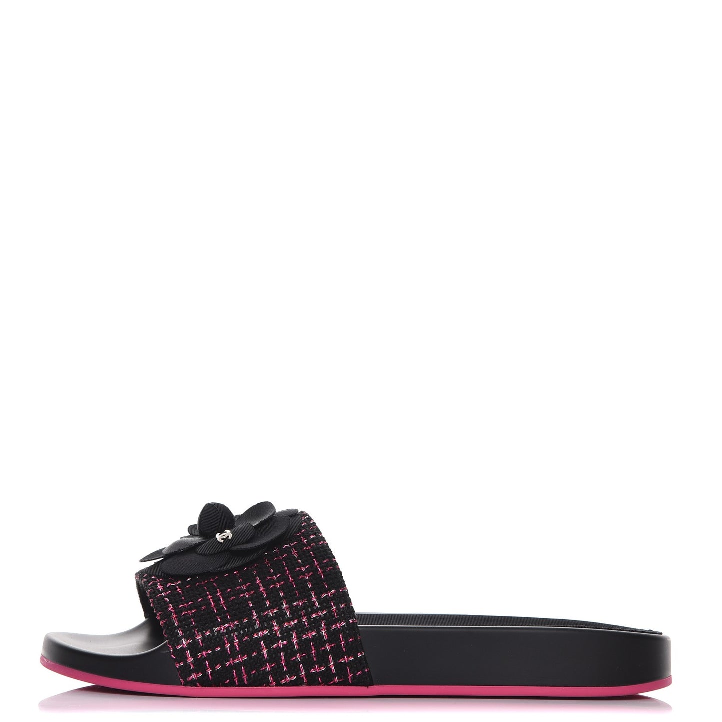 Tweed Grosgrain Camellia CC Flat Mules 41 Black Pink