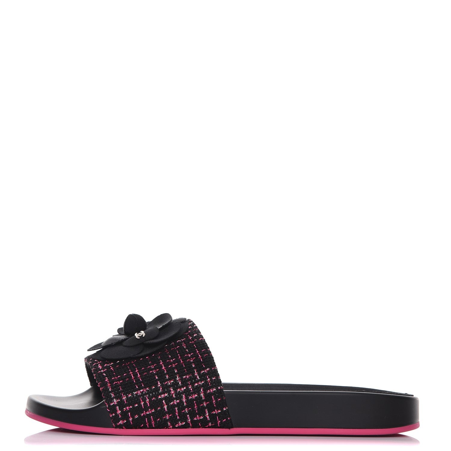 Chanel Tweed Grosgrain Camellia CC Flat Mules 41 Black Pink 1 of 10