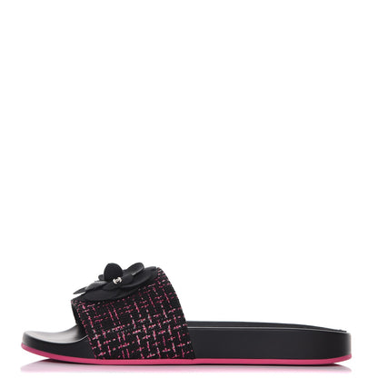 Chanel Tweed Grosgrain Camellia CC Flat Mules 41 Black Pink 1 of 10
