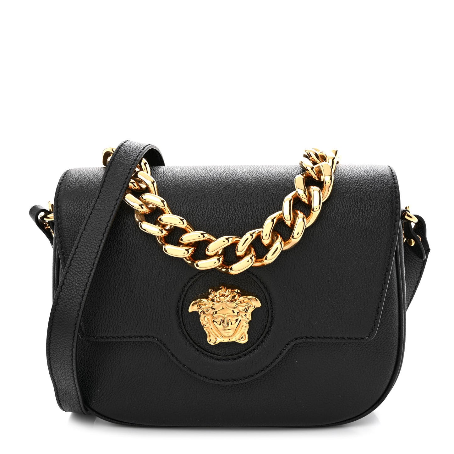 Grained Calfskin La Medusa Chain Clutch Bag Black