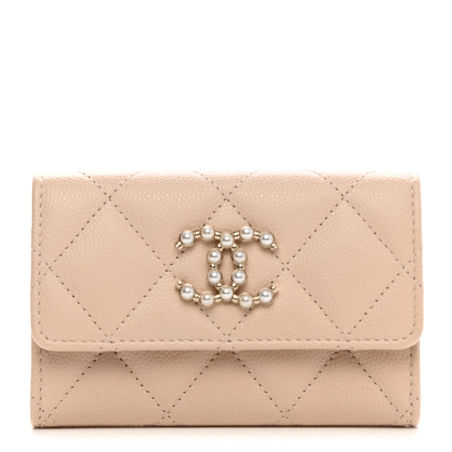Caviar Pearl Quilted Coco Candy Flap Card Holder Beige