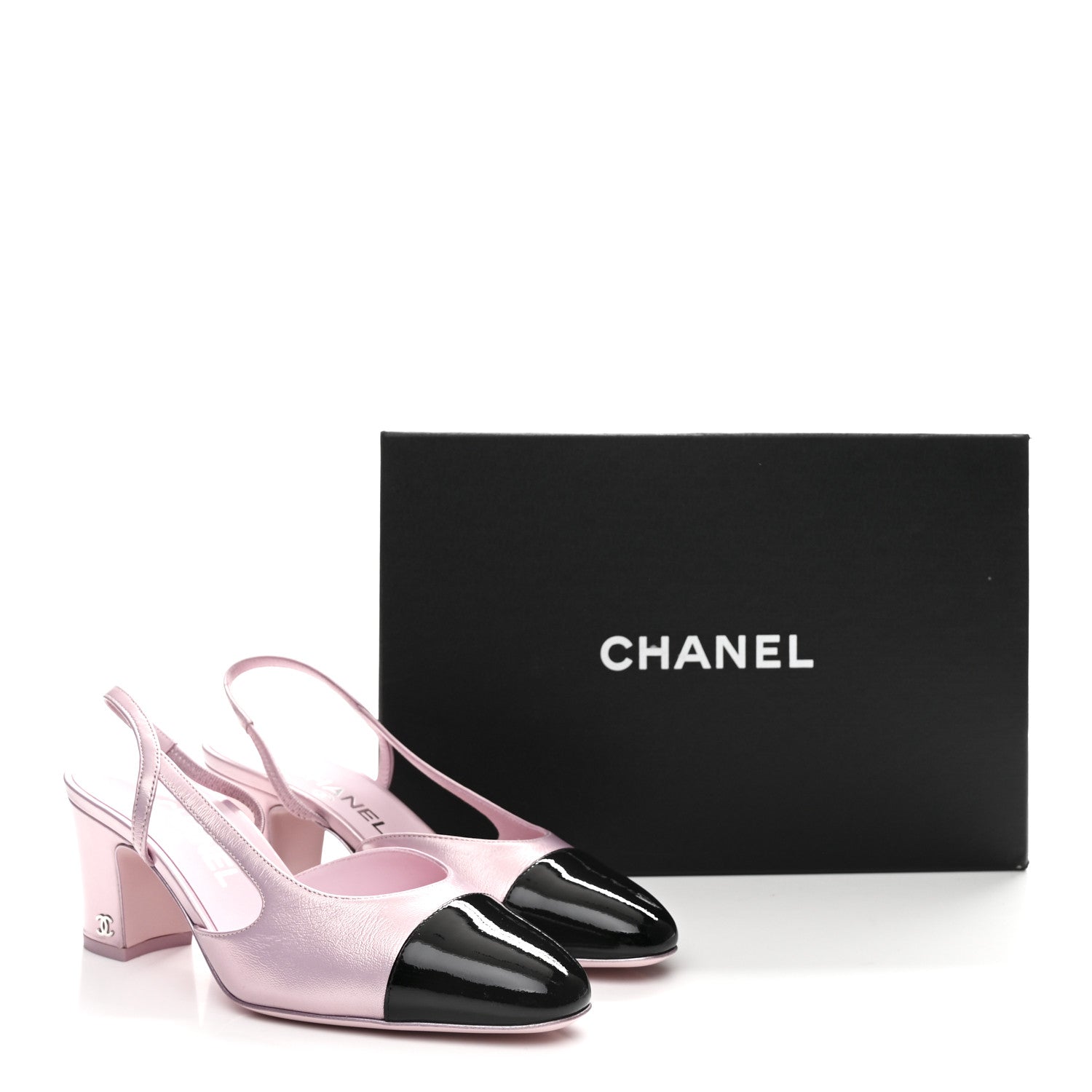 Chanel Laminated Lambskin Patent Cap Toe CC Slingback Pumps 37 Light Pink Black 10 of 10