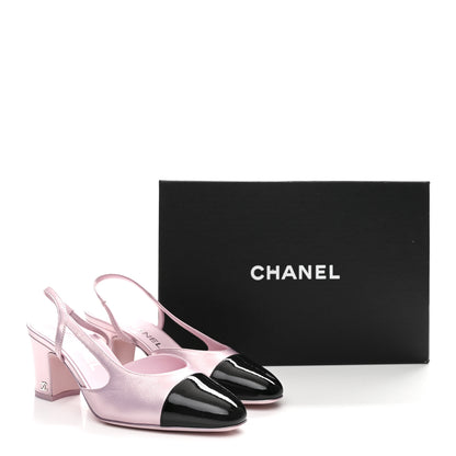 Chanel Laminated Lambskin Patent Cap Toe CC Slingback Pumps 37 Light Pink Black 10 of 10