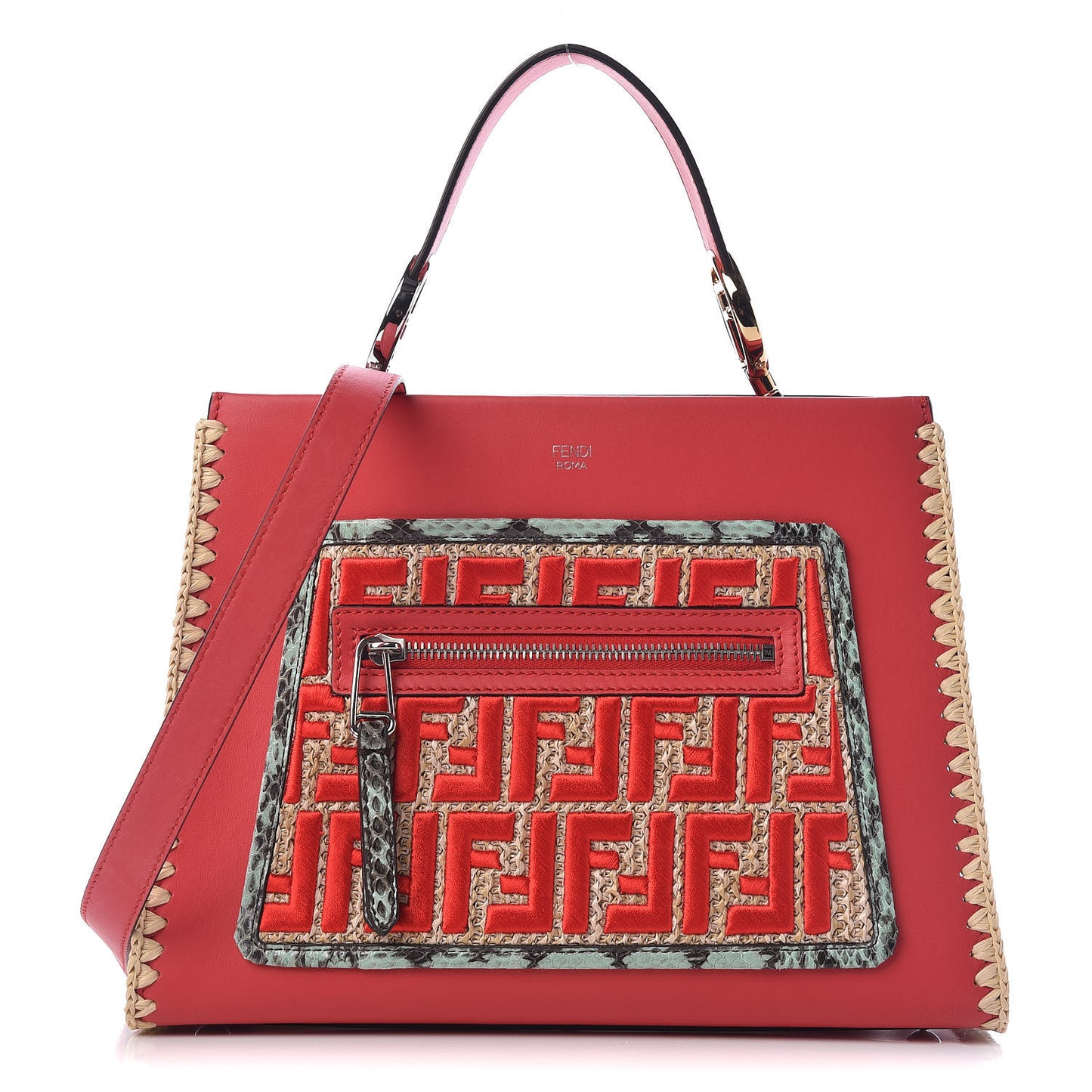 Vitello Century Raffia Elaphe F is Fendi FF Woven Embroidered Small Runaway Satchel Fiamma Menta