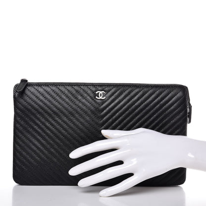 Chanel Caviar Chevron Quilted Large Zipped Clutch Black 2 of 8