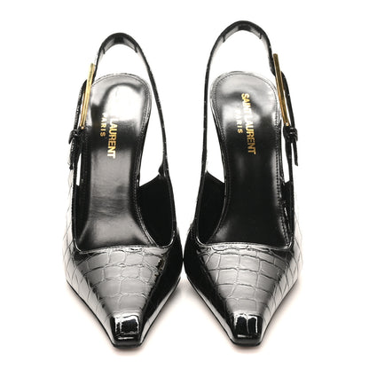 Saint Laurent Calfskin Crocodile Embossed Slingback Graham Pumps 38 Black 3 of 9