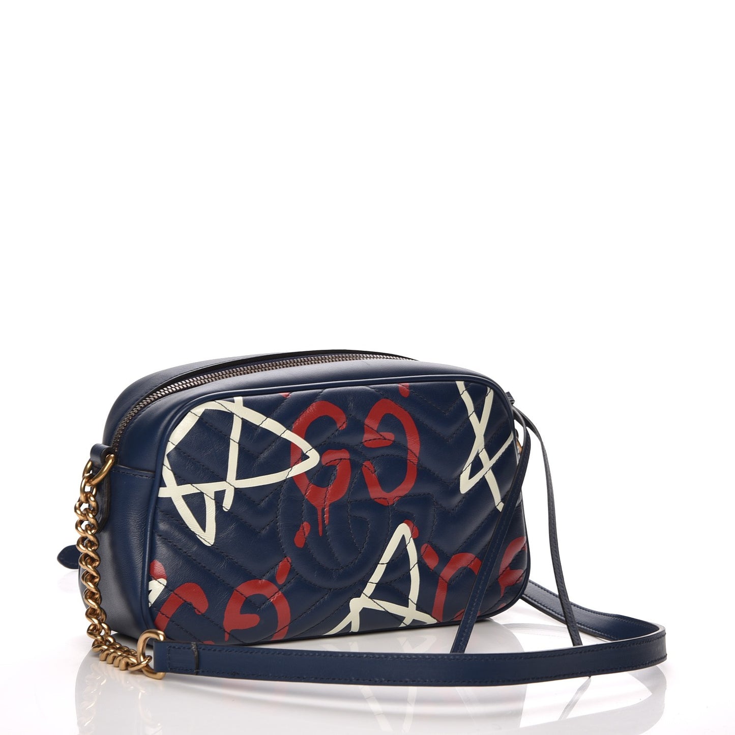 Calfskin Matelasse GucciGhost Small GG Marmont Chain Shoulder Bag Blue Agata Hibiscus Red