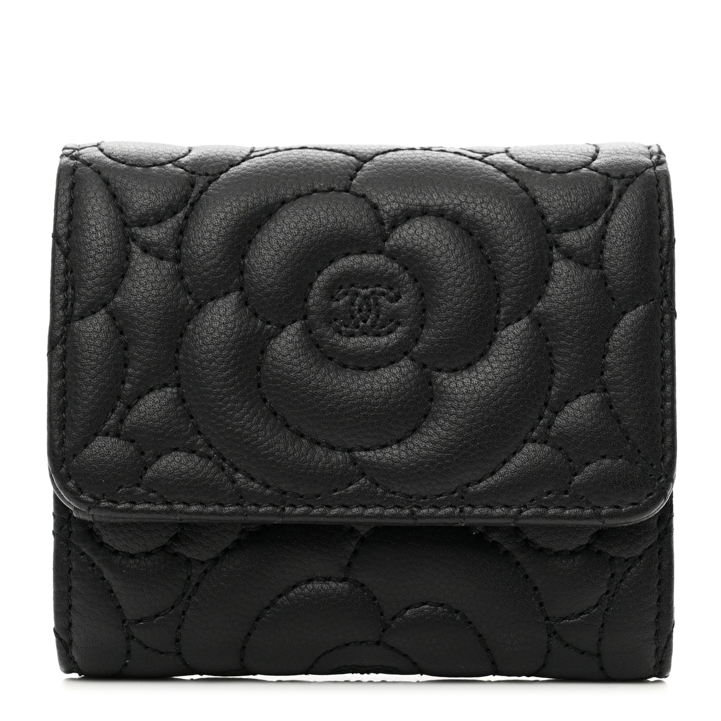 Caviar Camellia Embossed Compact Wallet Black