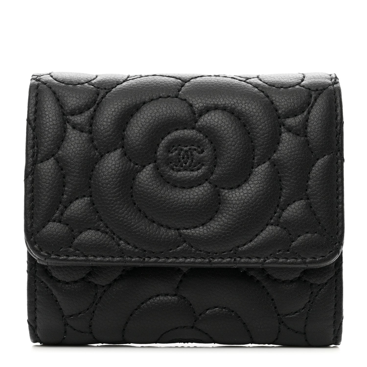 Chanel Caviar Camellia Embossed Compact Wallet Black 1 of 8