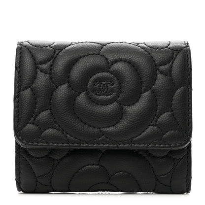 Chanel Caviar Camellia Embossed Compact Wallet Black 1 of 8