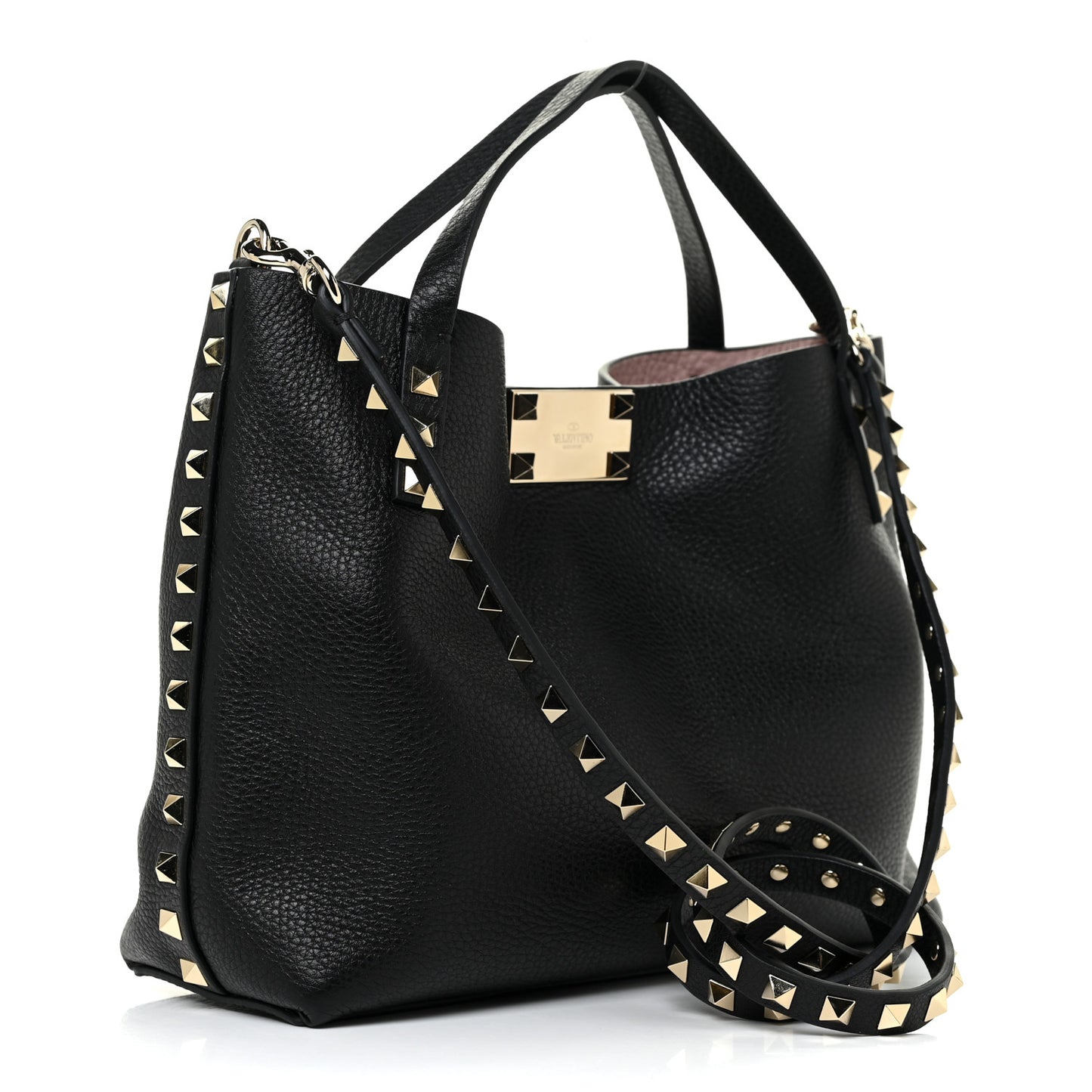 Grained Calfskin Small Rockstud Flip Lock Tote Black Rose Quartz