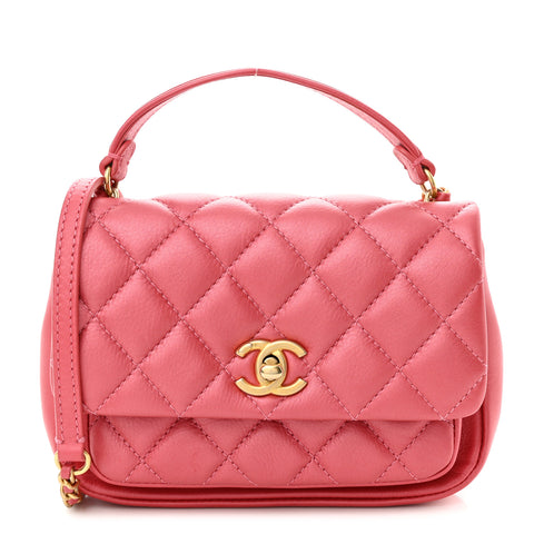 Metallic Calfskin Quilted Top Handle Flap Dark Pink