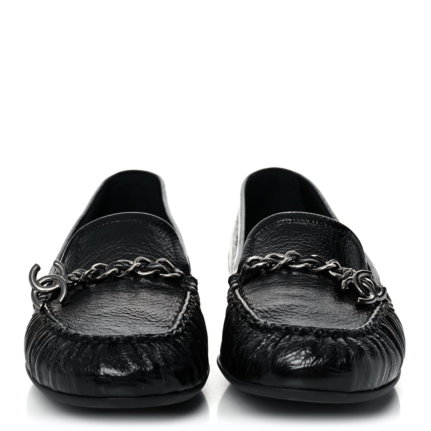 Chanel Crackled Patent Calfskin CC Mocassin Loafers 38.5 Black 2 of 9