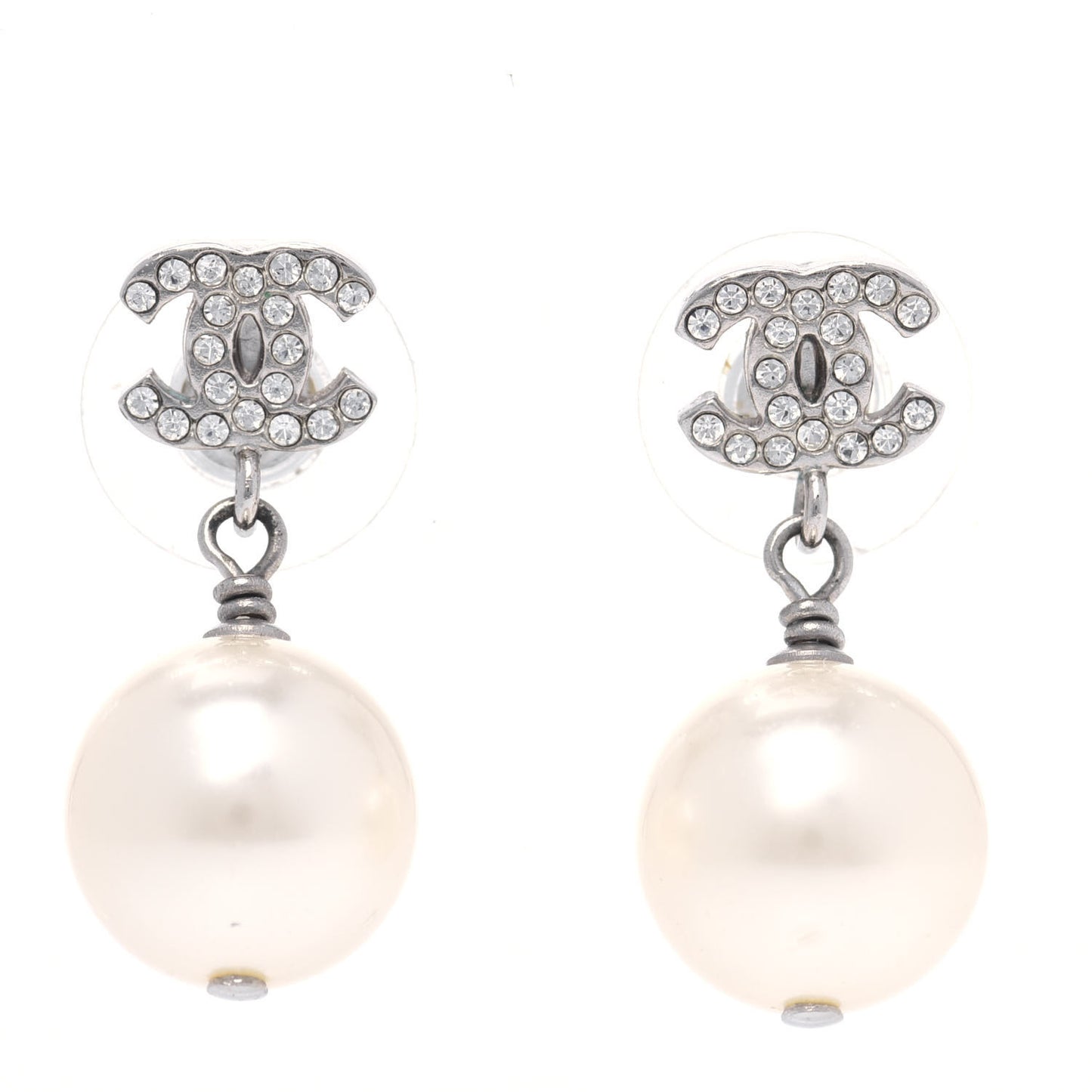 Crystal Pearl CC Drop Earrings Silver Pearly White