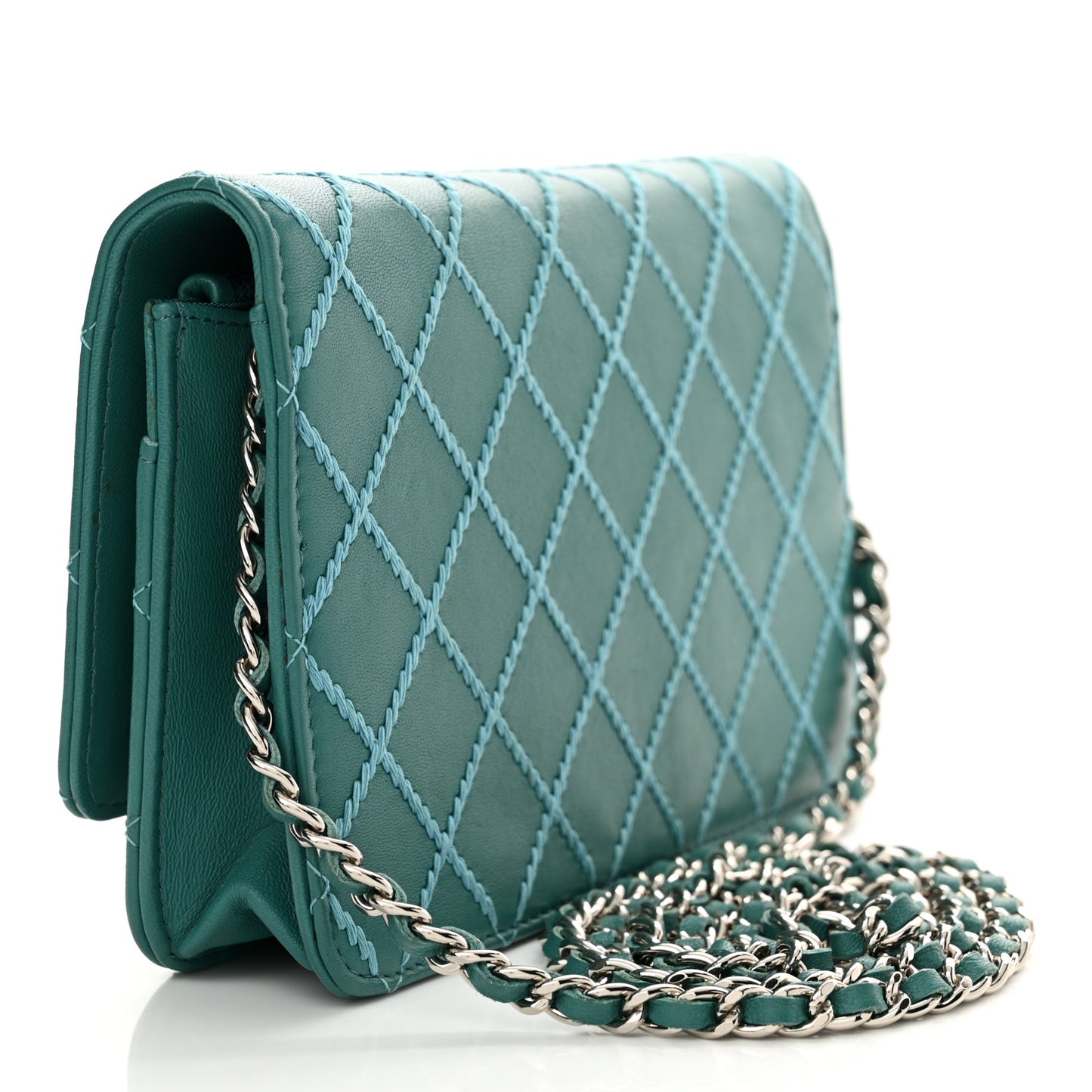 Calfskin Diamond Stitch Wallet On Chain WOC Turquoise