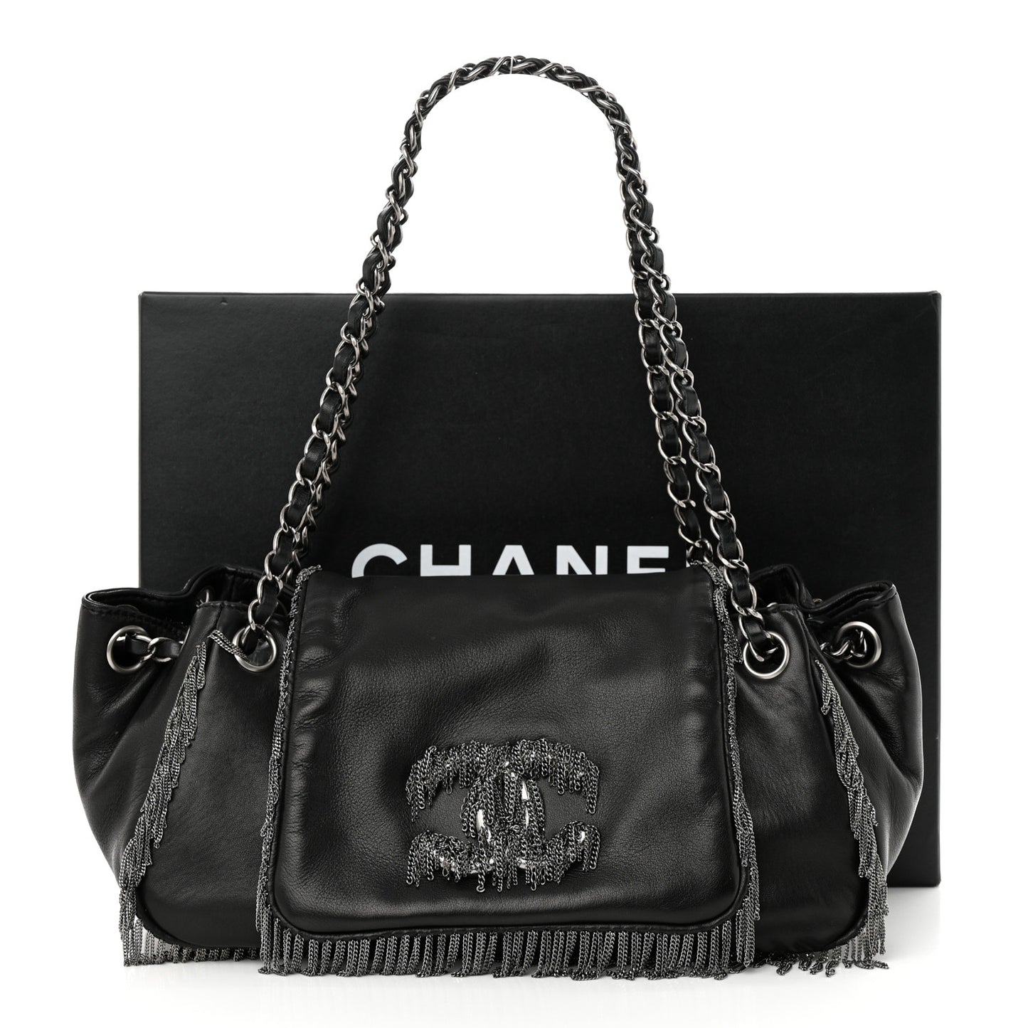 Lambskin Rock And Cabaret Chain Fringe Accordion Flap Black
