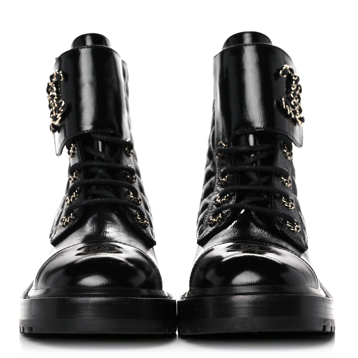 Shiny Calfskin Quilted Lace Up Combat Boots 39.5 Black