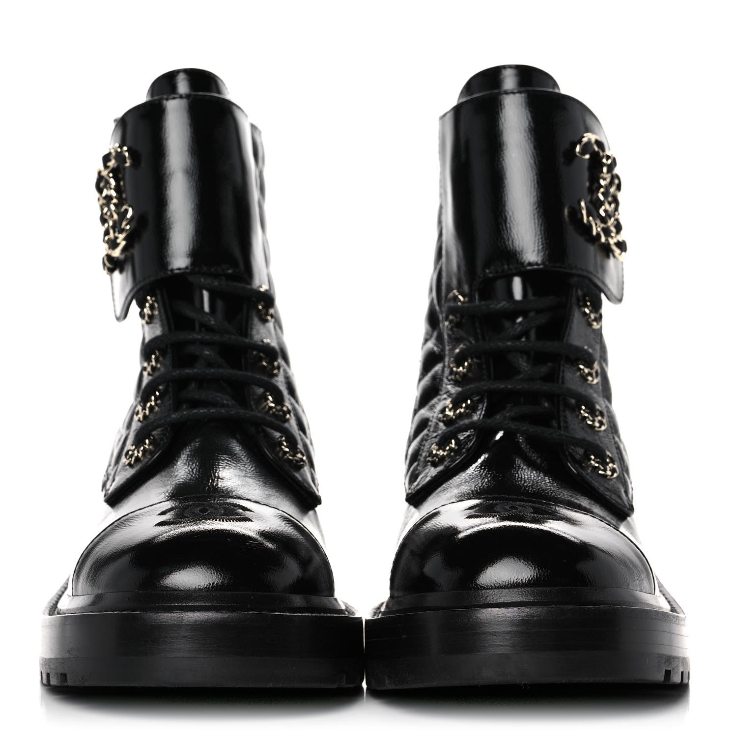 Chanel Shiny Calfskin Quilted Lace Up Combat Boots 39.5 Black 2 of 9