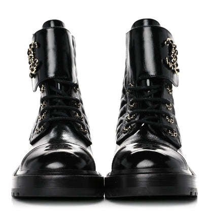 Chanel Shiny Calfskin Quilted Lace Up Combat Boots 39.5 Black 2 of 9