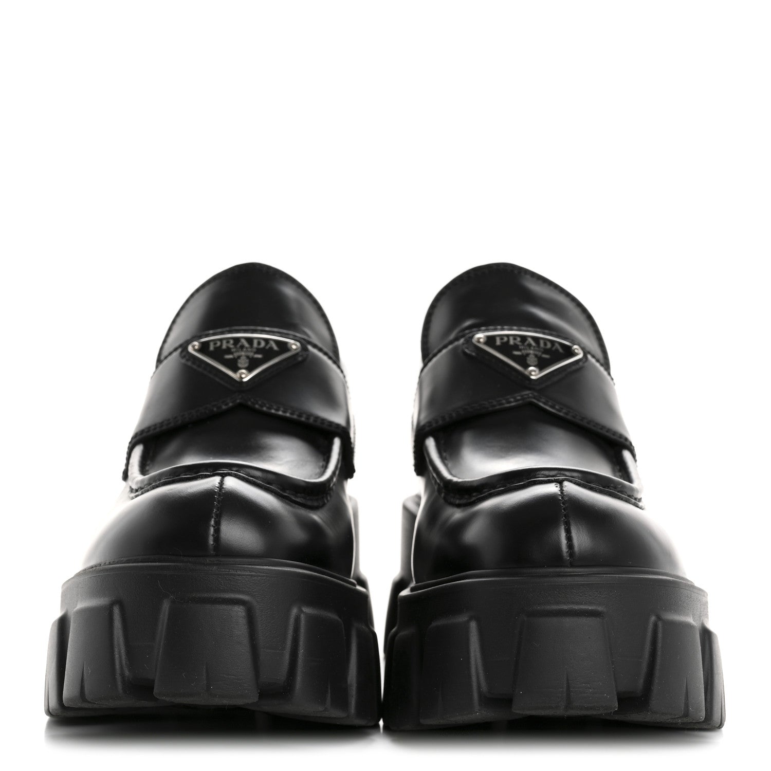 Prada Spazzolato Rois Metal Triangle Logo Monolith 55mm Loafers 38 Black 3 of 11