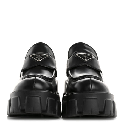 Prada Spazzolato Rois Metal Triangle Logo Monolith 55mm Loafers 38 Black 3 of 11