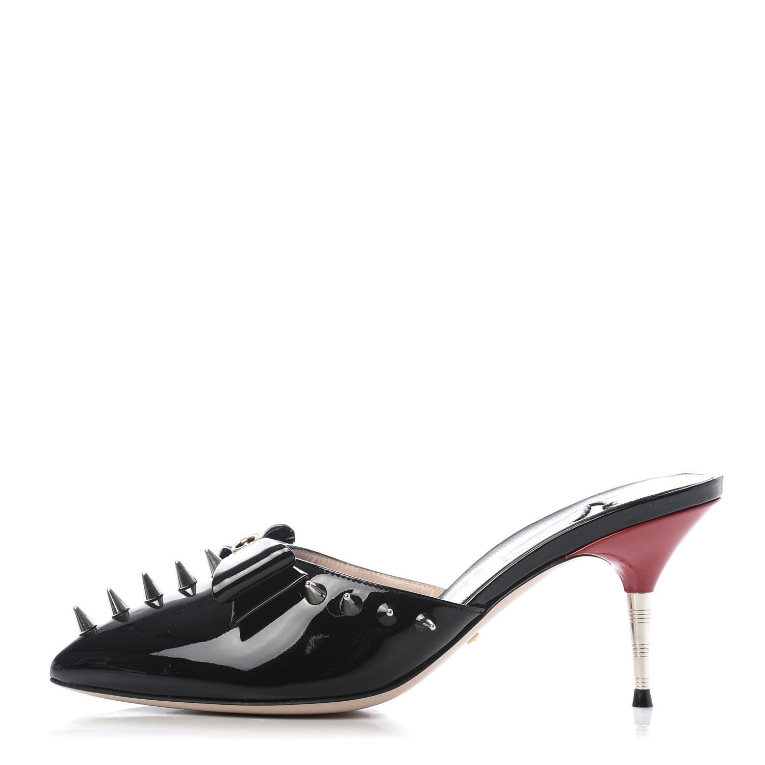Gucci Patent GG Bow Sadie Spike Mid Heel Mules 38.5 Black 1 of 10