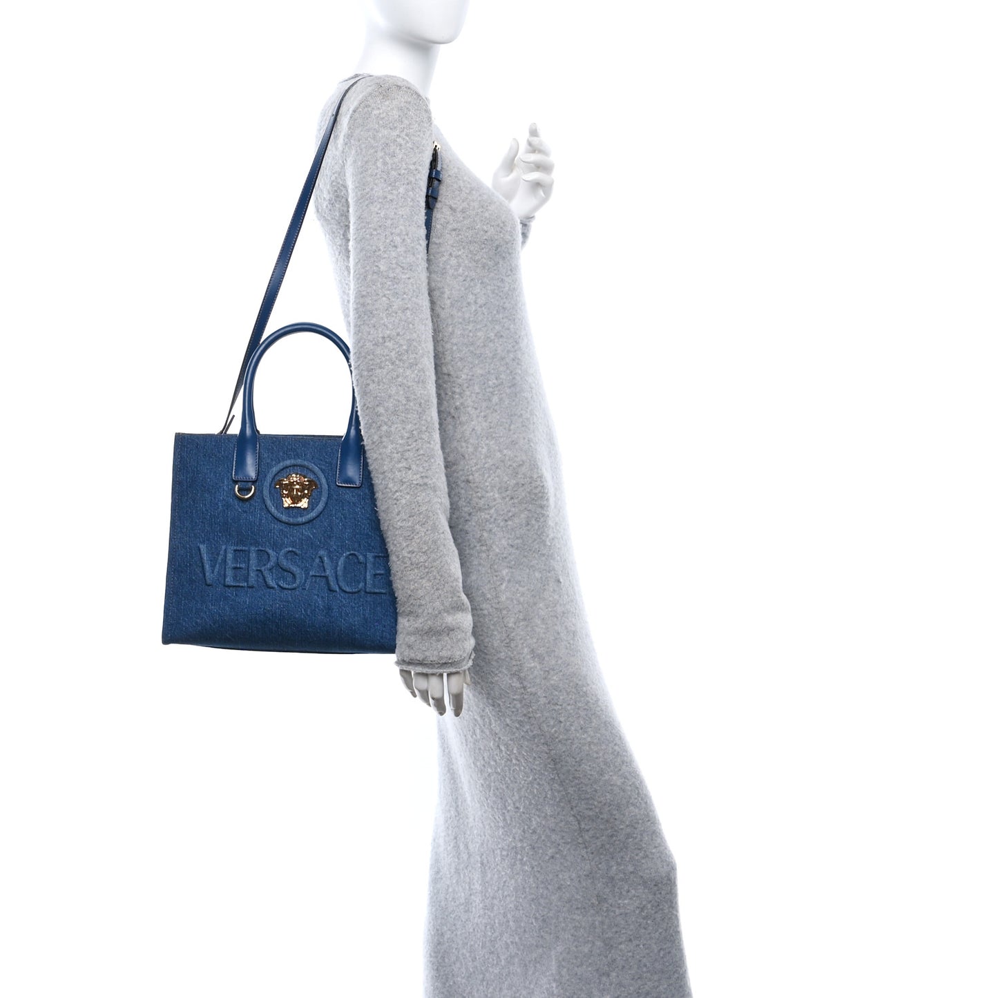 Denim Calfskin La Medusa Small Tote Bag Blue