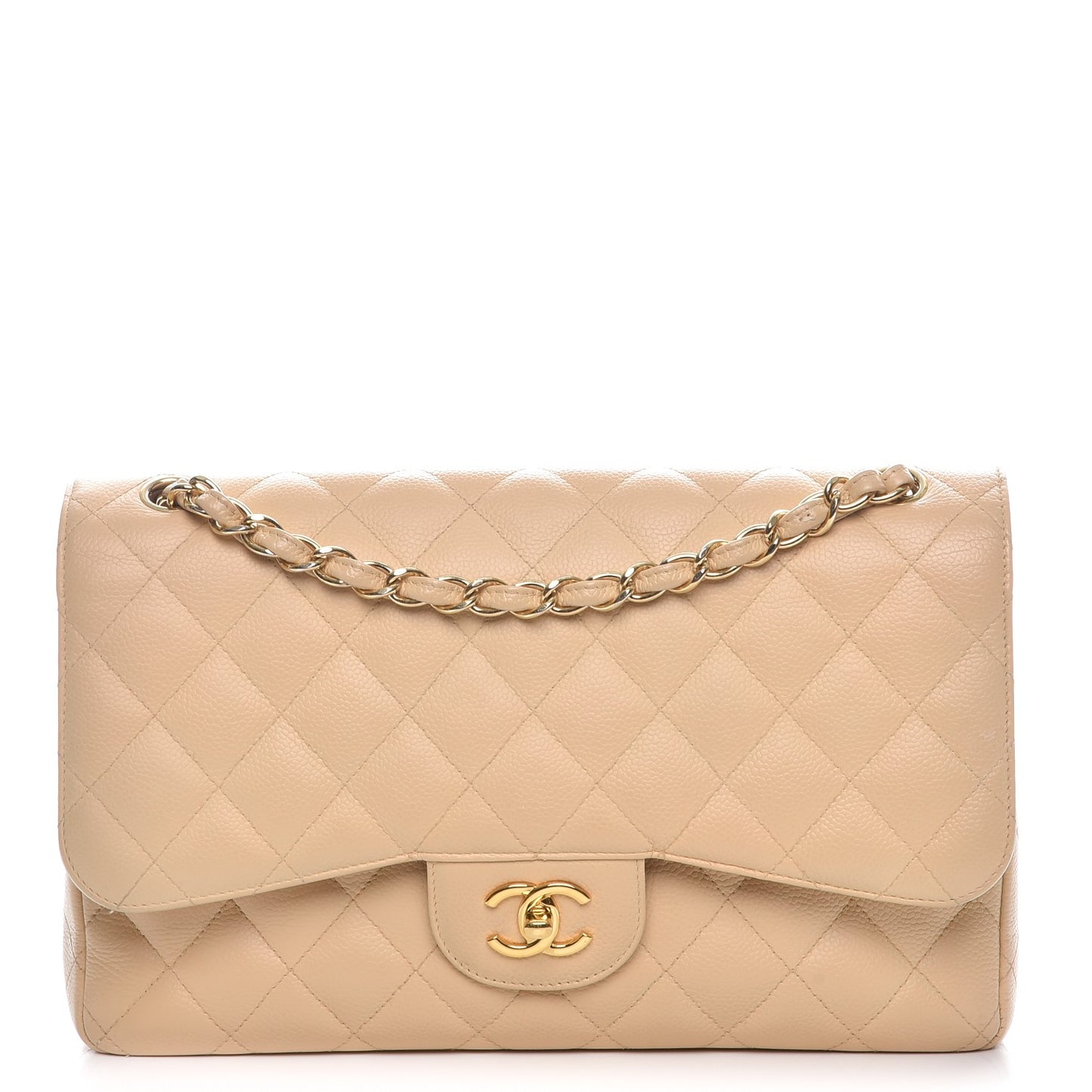 Caviar Quilted Jumbo Double Flap Beige