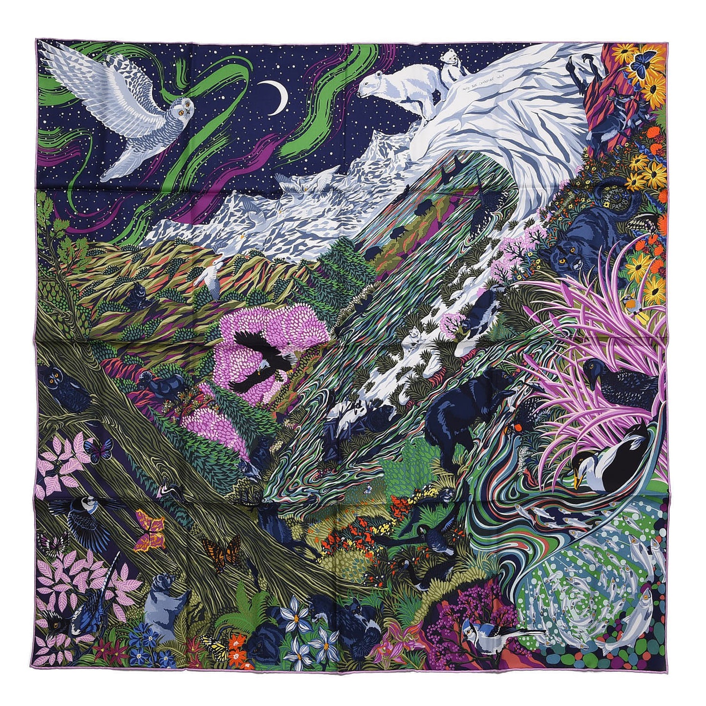 Silk Into The Canadian Wild Scarf 90 Marine Vert Rosa