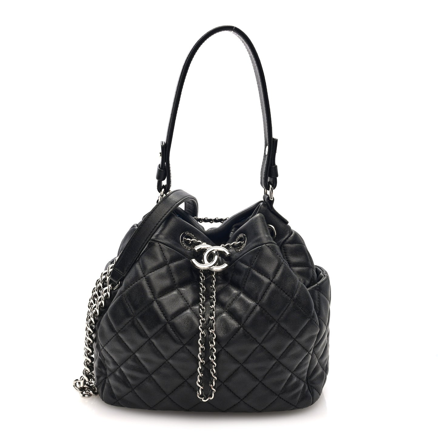 Lambskin Quilted CC Chain Drawstring Tote Black