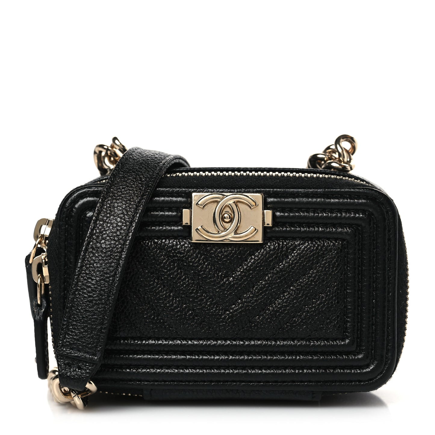 Caviar Chevron Quilted Mini Boy Clutch With Chain Black