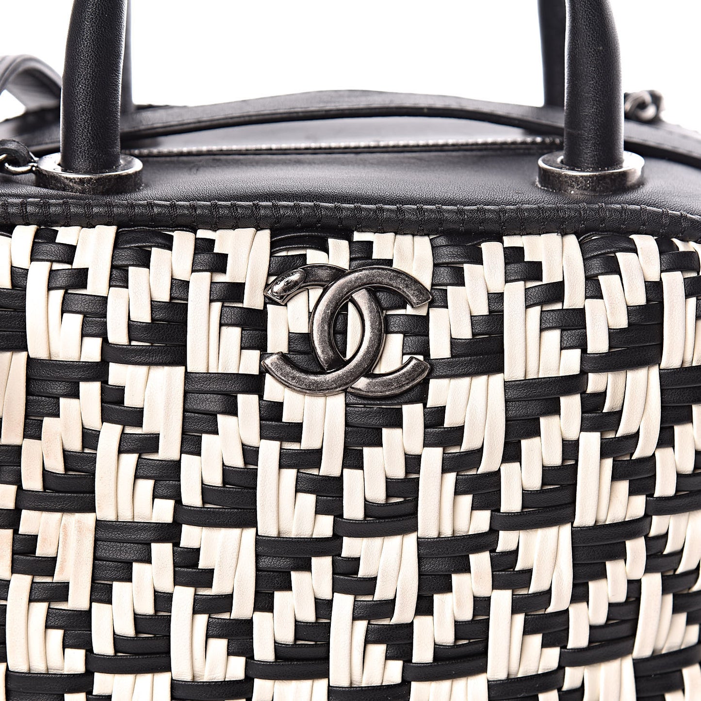 Calfskin Woven Bowling Bag Black White