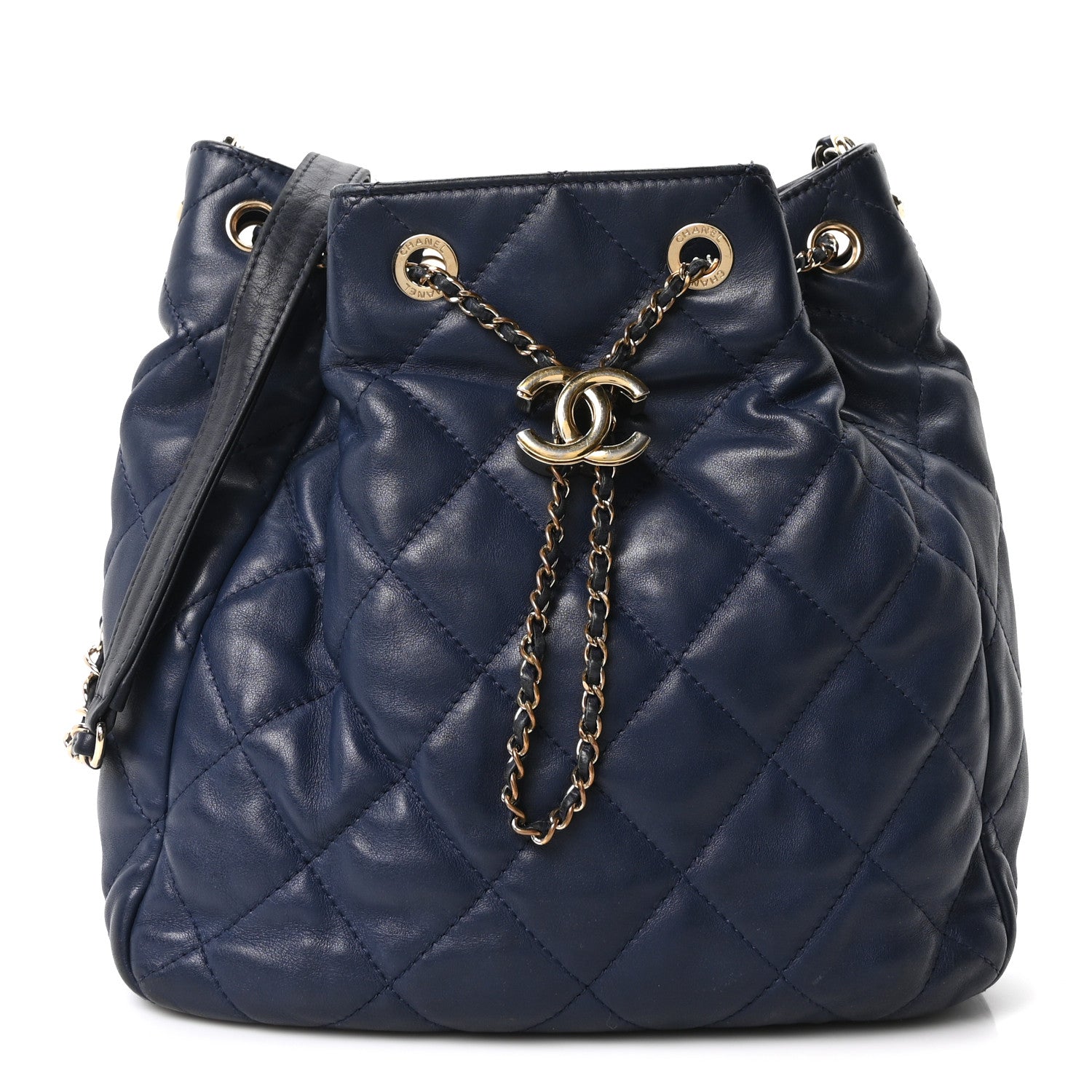 Chanel Lambskin Quilted Chain Drawstring Bag Navy Blue 1 of 9